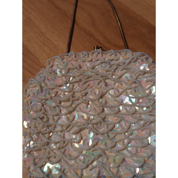 Clutch Evening Bag White Bead Sequin Vintage Wire Strap Hong Kong - Picture 3 of 10